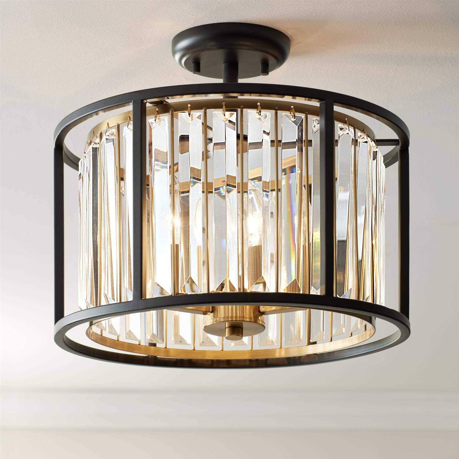 Possini Euro Design Milne Modern Ceiling Light Semi Flush Mount Fixture 14 Wide Bronze Outer Brass Inner Cage Frame Clear Crystal for Bedroom