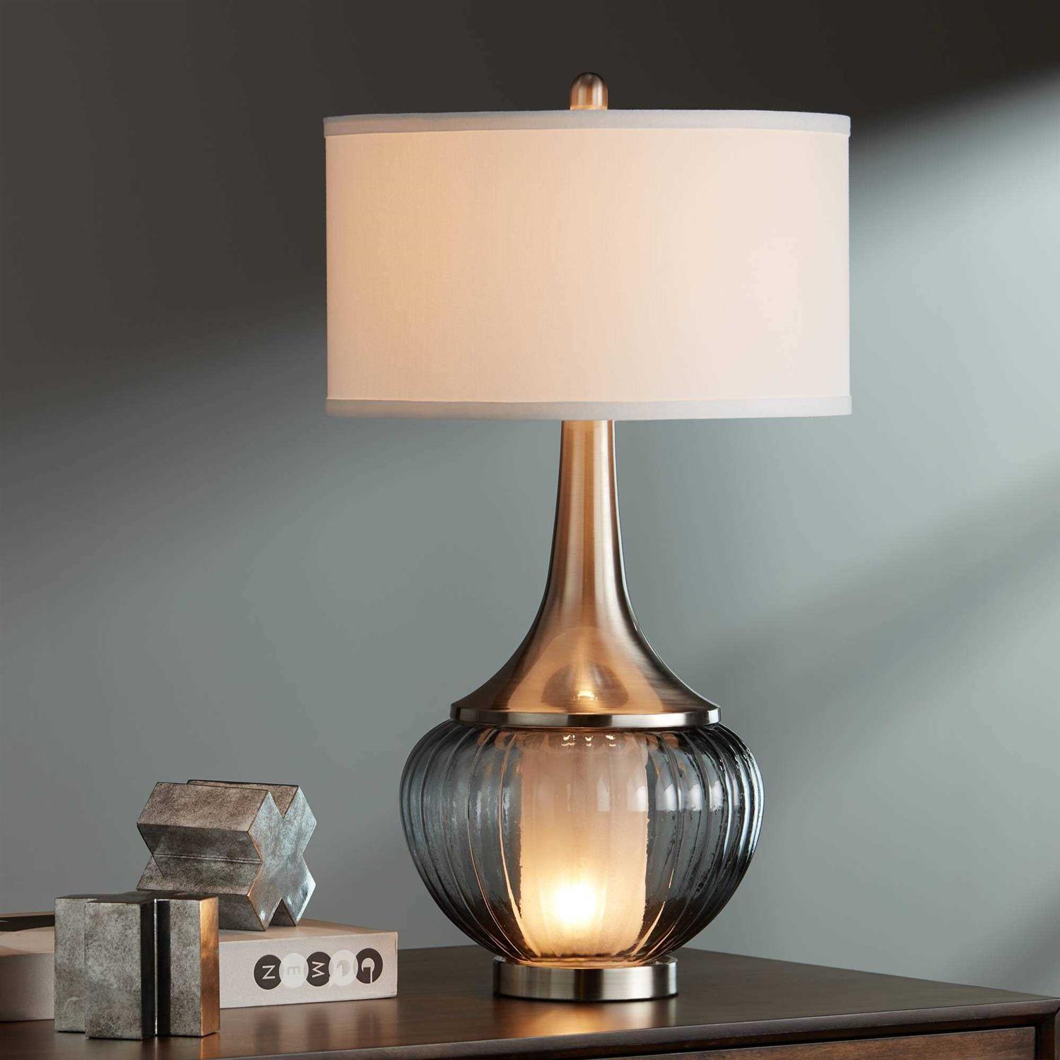 360 Lighting Courtney Modern Table Lamp 28 1/2 Tall Fluted Smoked Glass with Nightlight White Linen Drum Shade for Bedroom Living Room Nightstand - Image 3