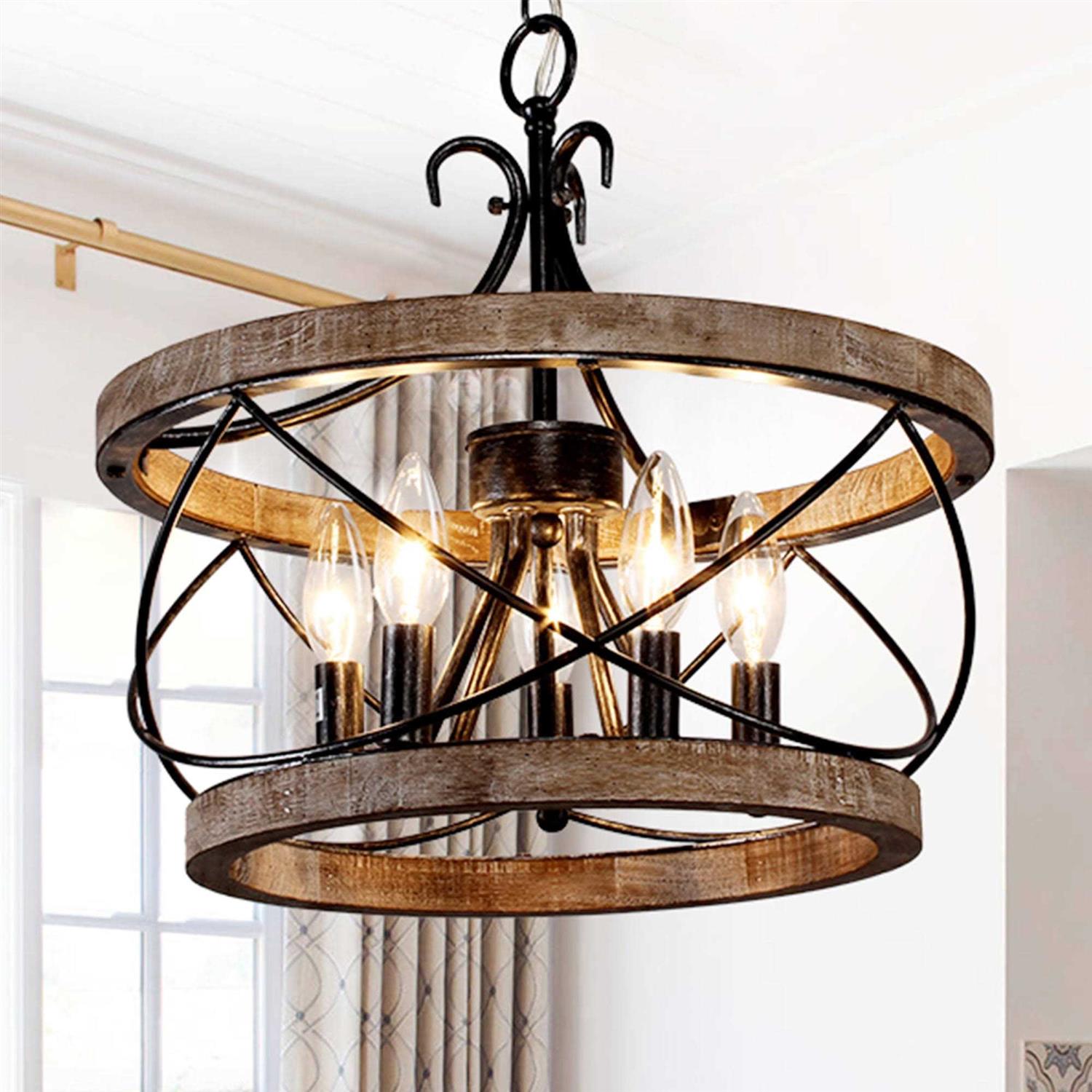Oaks Aura Farmhouse 5-Light Weathered Wood Cage Rustic Chandelier FC4059-5H