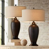360 Lighting Cody Rustic Farmhouse Table Lamps 26 High Set of 2 Hammered Oiled Bronze Oatmeal Drum Shade for Bedroom Living Room