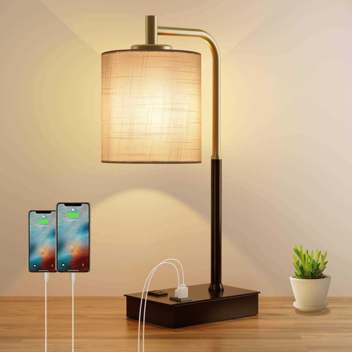 OYedis Touch Control Table Lamp, 3-Way Dimmable Modern Bedside Lamp with USB Port and Outlet
