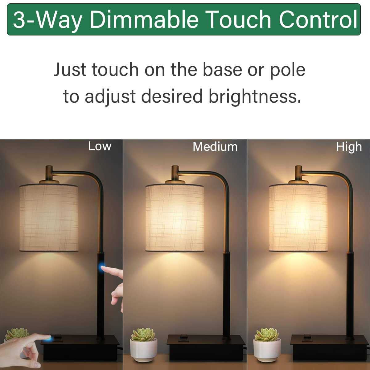 OYedis Touch Control Table Lamp, 3-Way Dimmable Modern Bedside Lamp with USB Port and Outlet - Image 2
