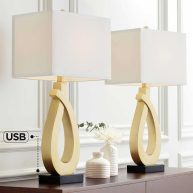 360 Lighting Simone Modern Table Lamps 28 Tall Set of 2 with USB Charging Port Gold Metal White Rectangular Shade decor
