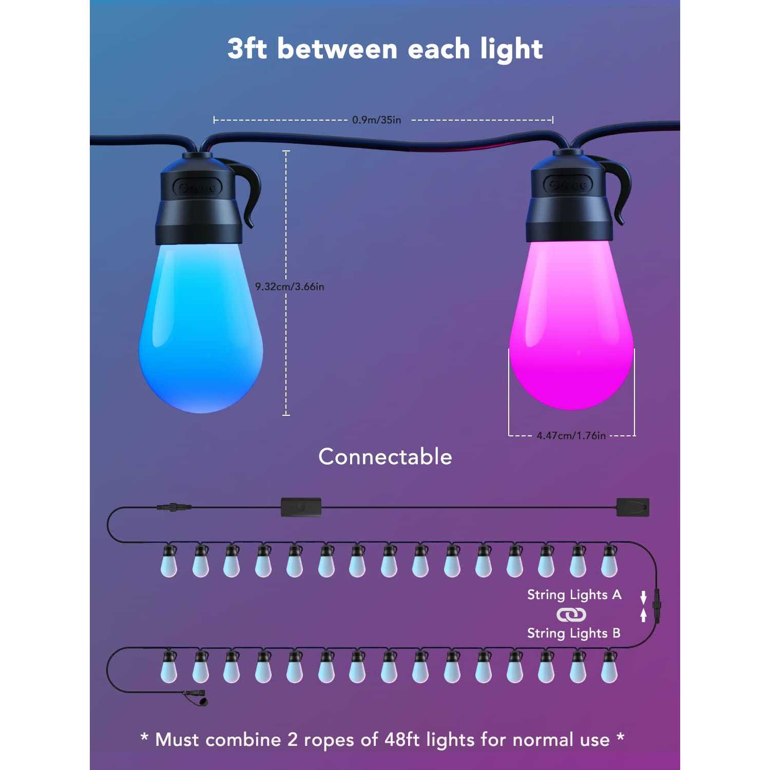 96ft Govee Smart Outdoor String Lights with RGBIC Warm White LED Bulbs - Image 4