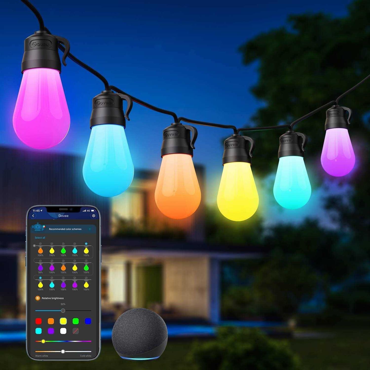 96ft Govee Smart Outdoor String Lights with RGBIC Warm White LED Bulbs - Image 5