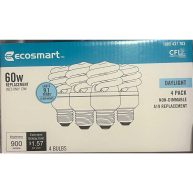 60-Watt Equivalent Ecosmart A19 Spiral Non-Dimmable E26 Base Compact Fluorescent CFL Light Bulb