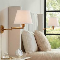 360 Lighting Clement Modern Swing Arm Wall Lamps Set of 2 Warm Gold Plug-in Light Fixture White Linen Shade for Bedroom Bedside Living Room Reading