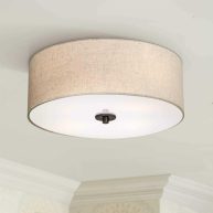 Regency Hill Sylvan Modern Ceiling Light Flush-Mount Fixture 18 Wide Bronze 4-Light Oatmeal Fabric Drum Shade for Bedroom Kitchen Living Room