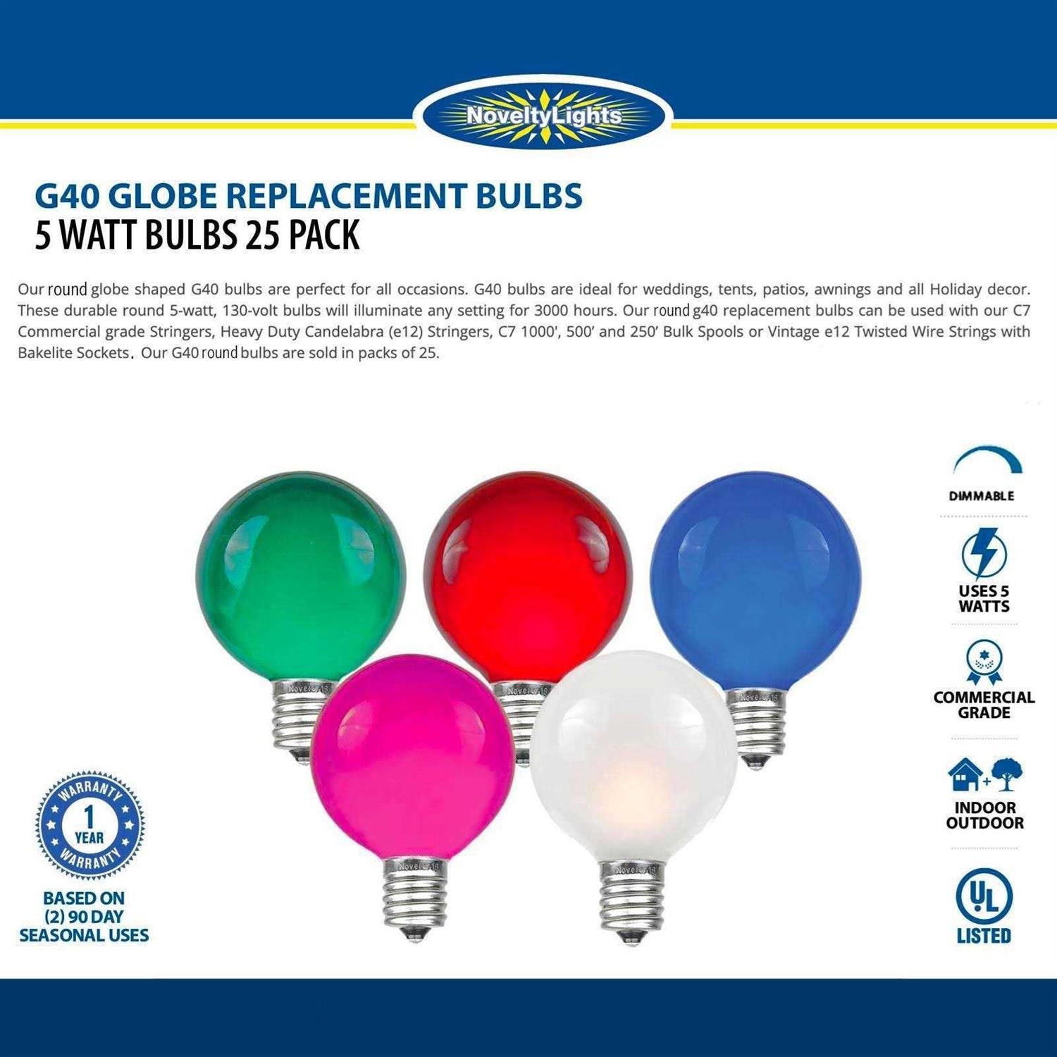 Novelty Lights Inc G40 Globe Light Bulbs Clear 5 Watt Candelabra Base G40-E12-5W-CL - Image 2