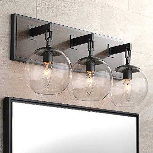 Possini Euro Design Webly Industrial Rustic Wall Light Gunmetal Faux Wood Hardwire 20 3-Light Fixture Clear Glass Globe Shade for Bedroom Bathroom