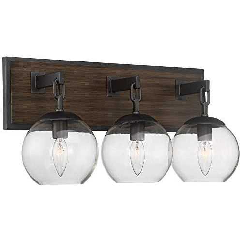 Possini Euro Design Webly Industrial Rustic Wall Light Gunmetal Faux Wood Hardwire 20 3-Light Fixture Clear Glass Globe Shade for Bedroom Bathroom - Image 2