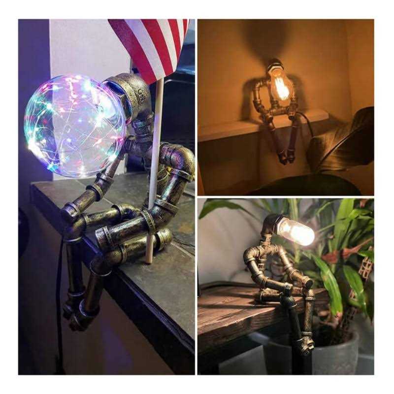 PUPERY Steampunk Table Lamp,Retro Industrial Bronze Pipe Robot Desk Lamp with 2 Edison Bulbs Lamp Creative Gift - Image 4