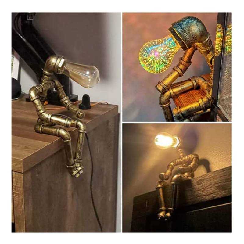PUPERY Steampunk Table Lamp,Retro Industrial Bronze Pipe Robot Desk Lamp with 2 Edison Bulbs Lamp Creative Gift - Image 5