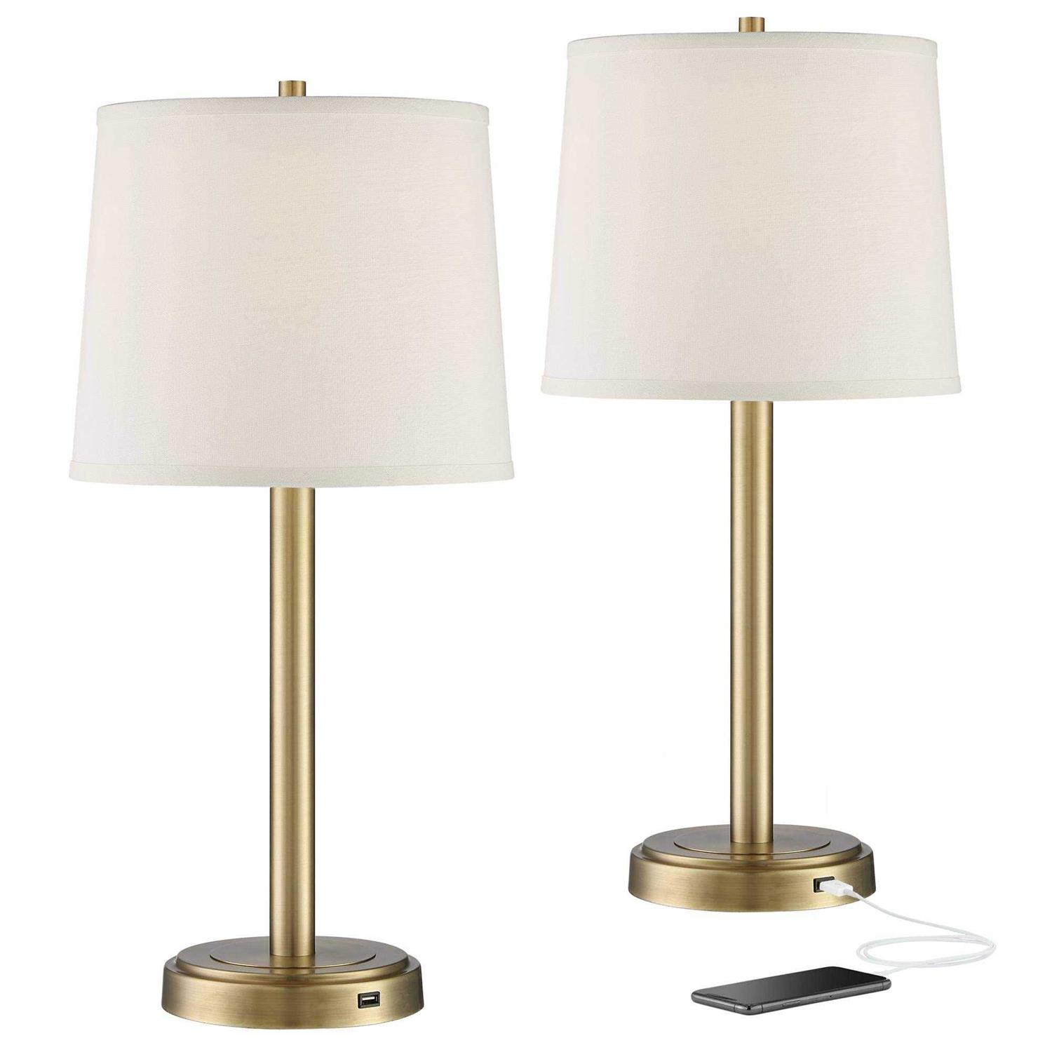 360 Lighting Camile Modern Table Lamps 25 High Set of 2 Brass Metal with USB Charging Port Oatmeal Drum Shade for Bedroom Living Room Bedside Desk - Image 4