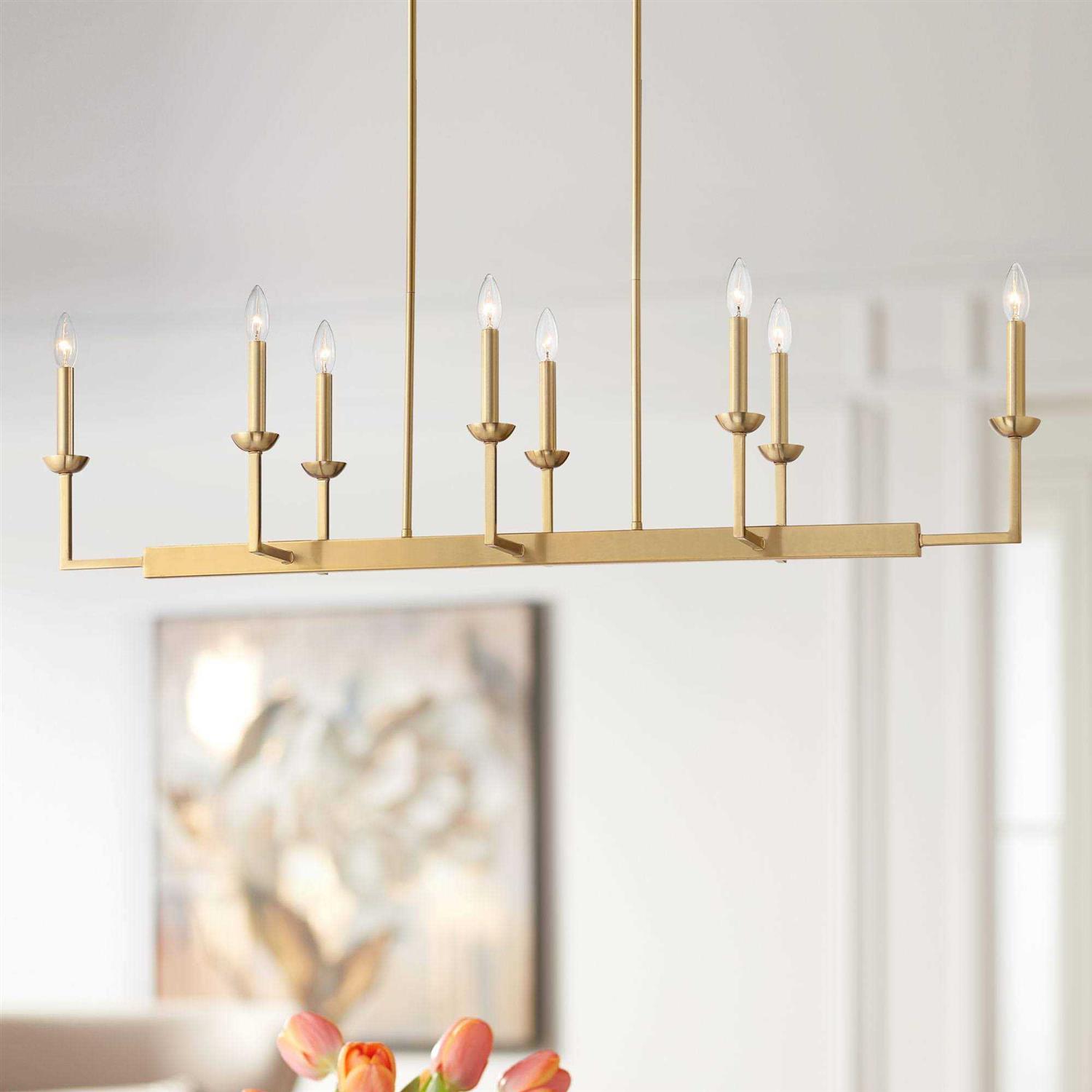 Possini Euro Design Kime Warm Gold Linear Pendant Chandelier Lighting 50 Wide Modern Trestle Frame 8-Light Fixture for Kitchen Island Dining Room