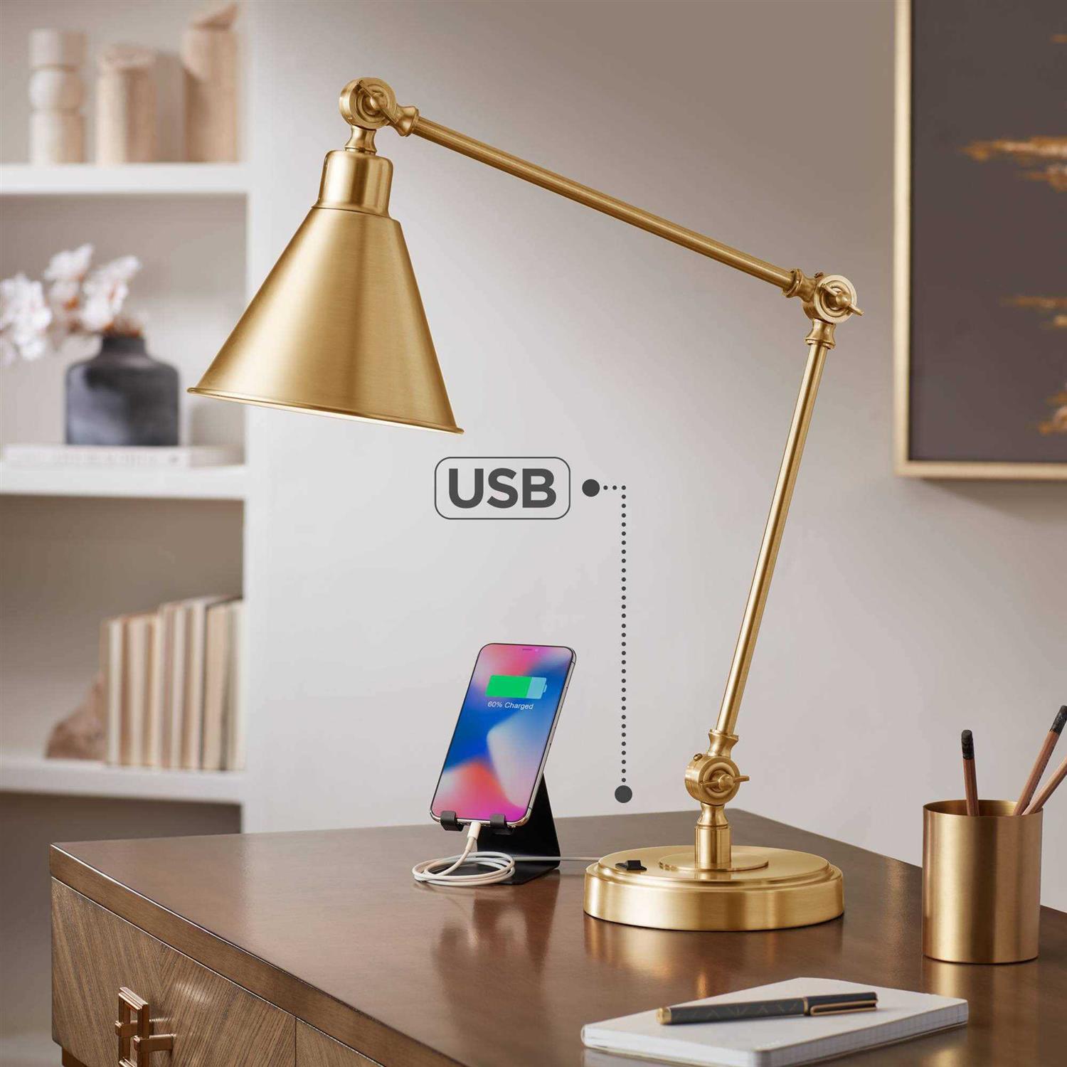 360 Lighting Wray Modern Desk Lamp 26 3/4 High with USB Charging Port Warm Brass - Image 5