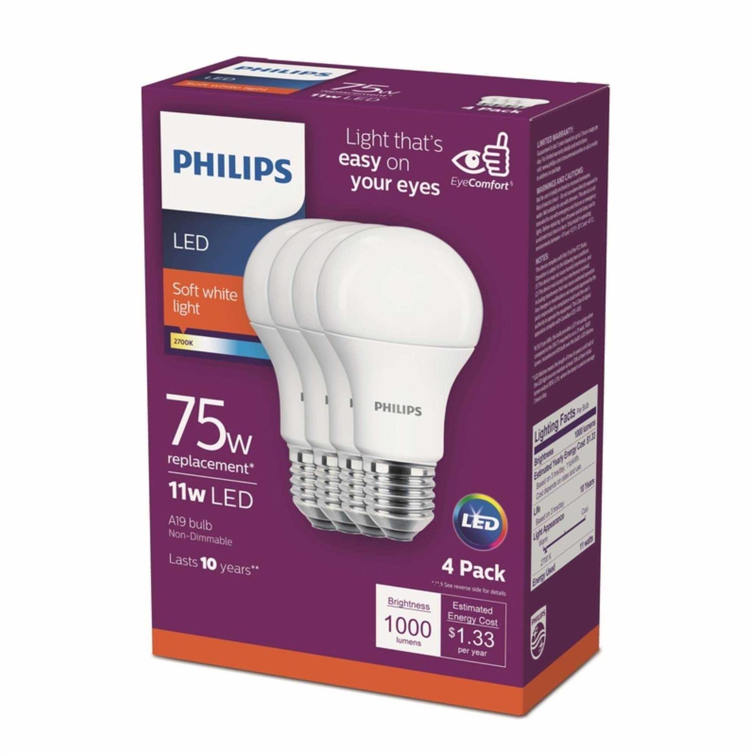 Philips A19 E26 LED Bulb Soft White 75 Watt Equivalence 4 pk 3001866 - Image 3