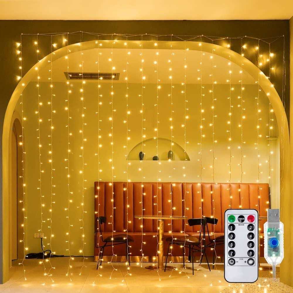 Ollny Curtain Lights Christmas Warm White 300 Led 9.8ftx9.8ft Remote Usb Powered 8 Lighting Modes Timer Waterproof Hanging Lights Indoor Outdoor