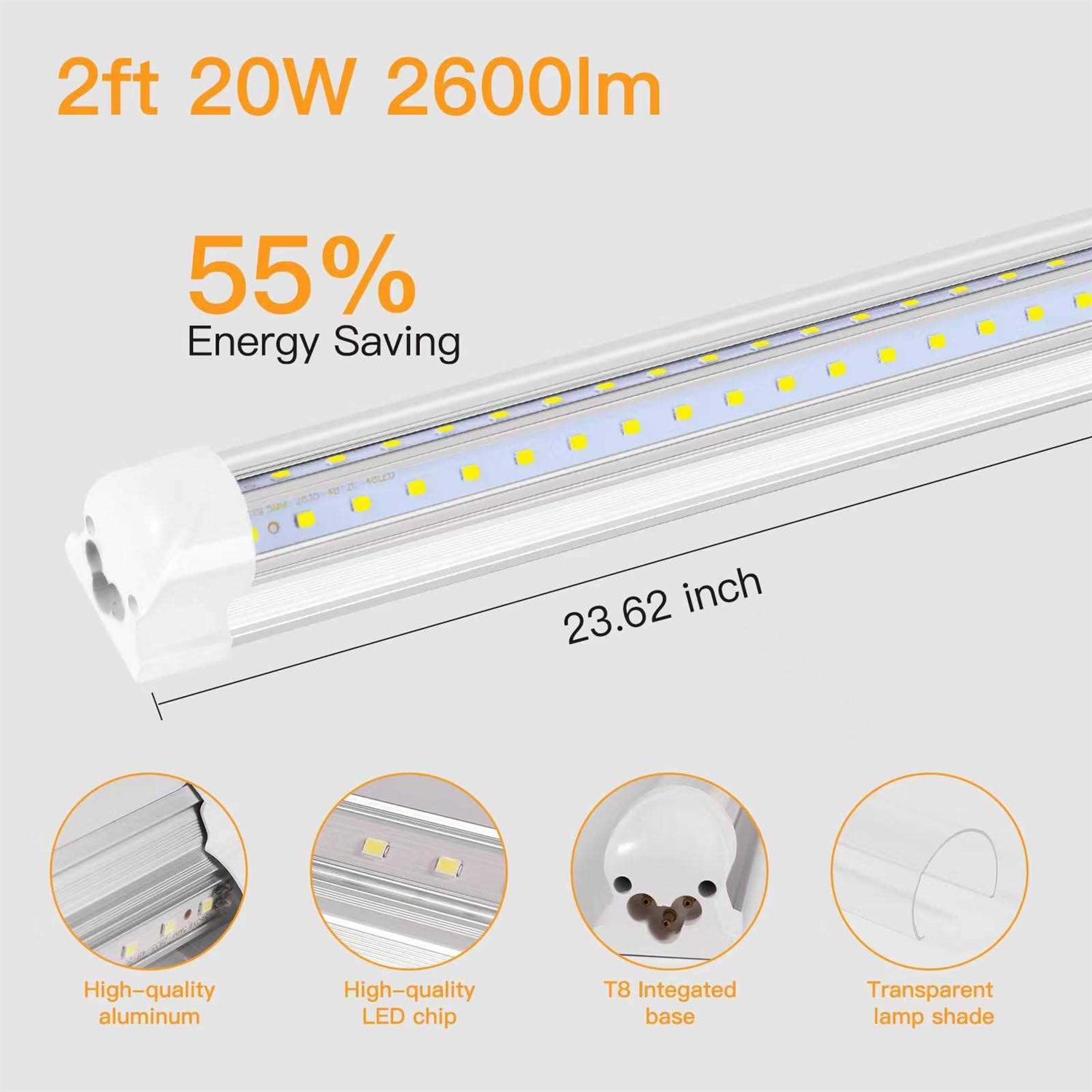 PARNOARCK Led Shop Light 2FT,T8 20W 5000K Daylight 2600LM,Led Garage Light 2 Foot with Plug,Linkable Clear Cover V-Shape,Led Shop Light for Garage - Image 2