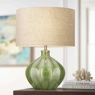 360 Lighting Gordy Modern Accent Table Lamp Handcrafted Ribbed Green Ceramic Oatmeal Fabric Drum Shade for Living Room Bedroom B