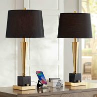 Possini Euro Design Wayne Modern Table Lamps 29 1/4 Tall Set of 2 Brass with USB Charging Port Black Fabric Drum Shade for Bedroom Living Room Kids
