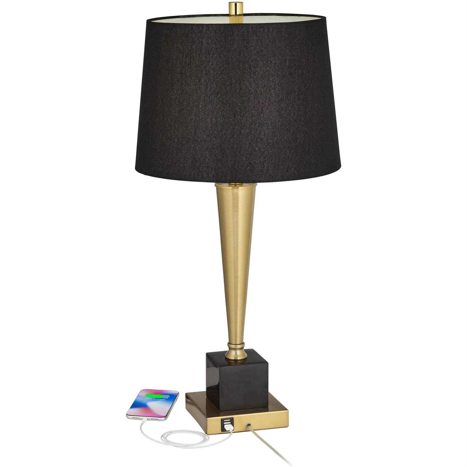 Possini Euro Design Wayne Modern Table Lamps 29 1/4 Tall Set of 2 Brass with USB Charging Port Black Fabric Drum Shade for Bedroom Living Room Kids - Image 3