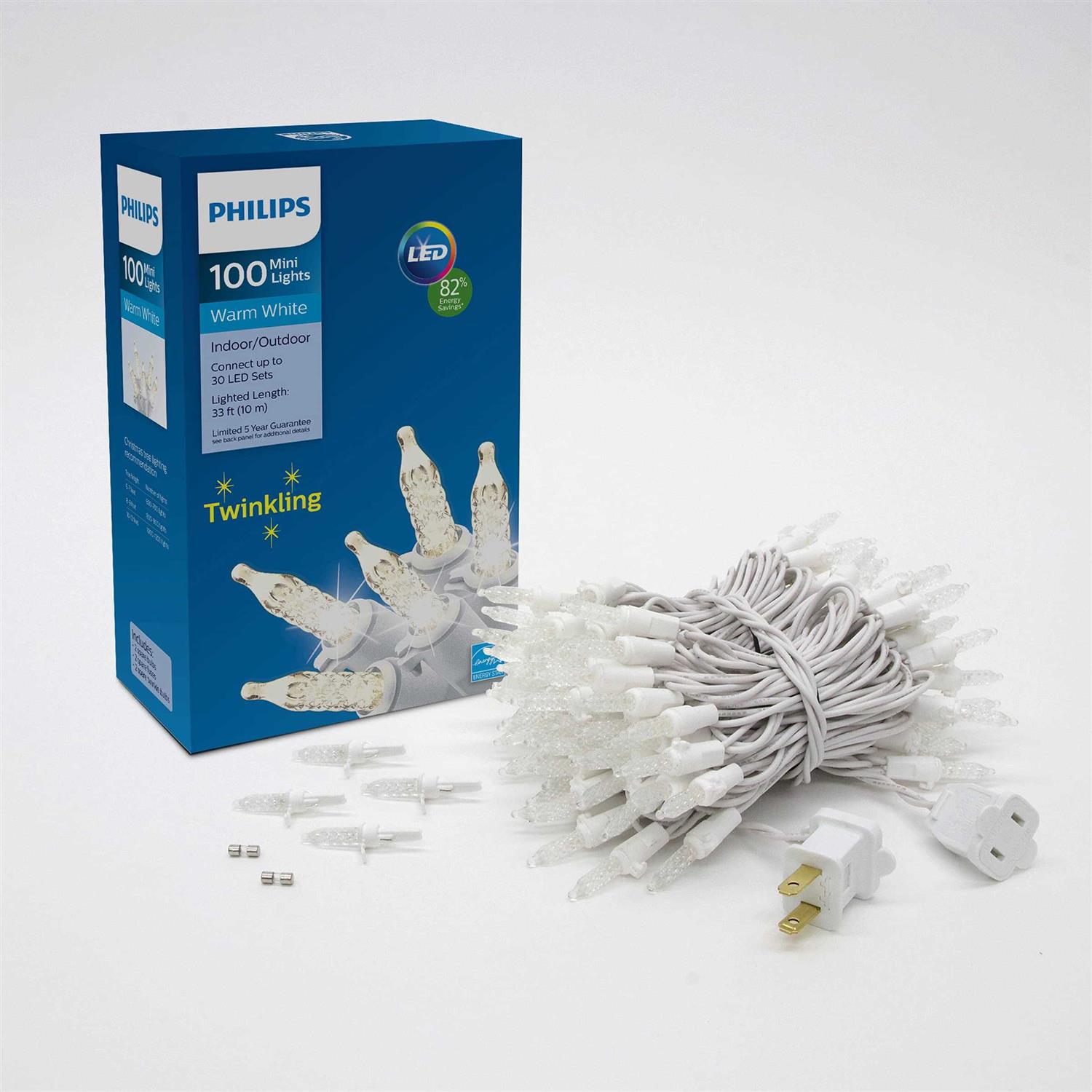 Philips 100 Led Warm White Twinkling Faceted Mini Christmas Lights on White Wire