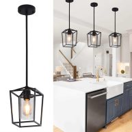 Pendant Light Fixture,Adjustable Black Iron Cage Farmhouse Metal Kitchen Island Hanging Light with Clear Glass Shade