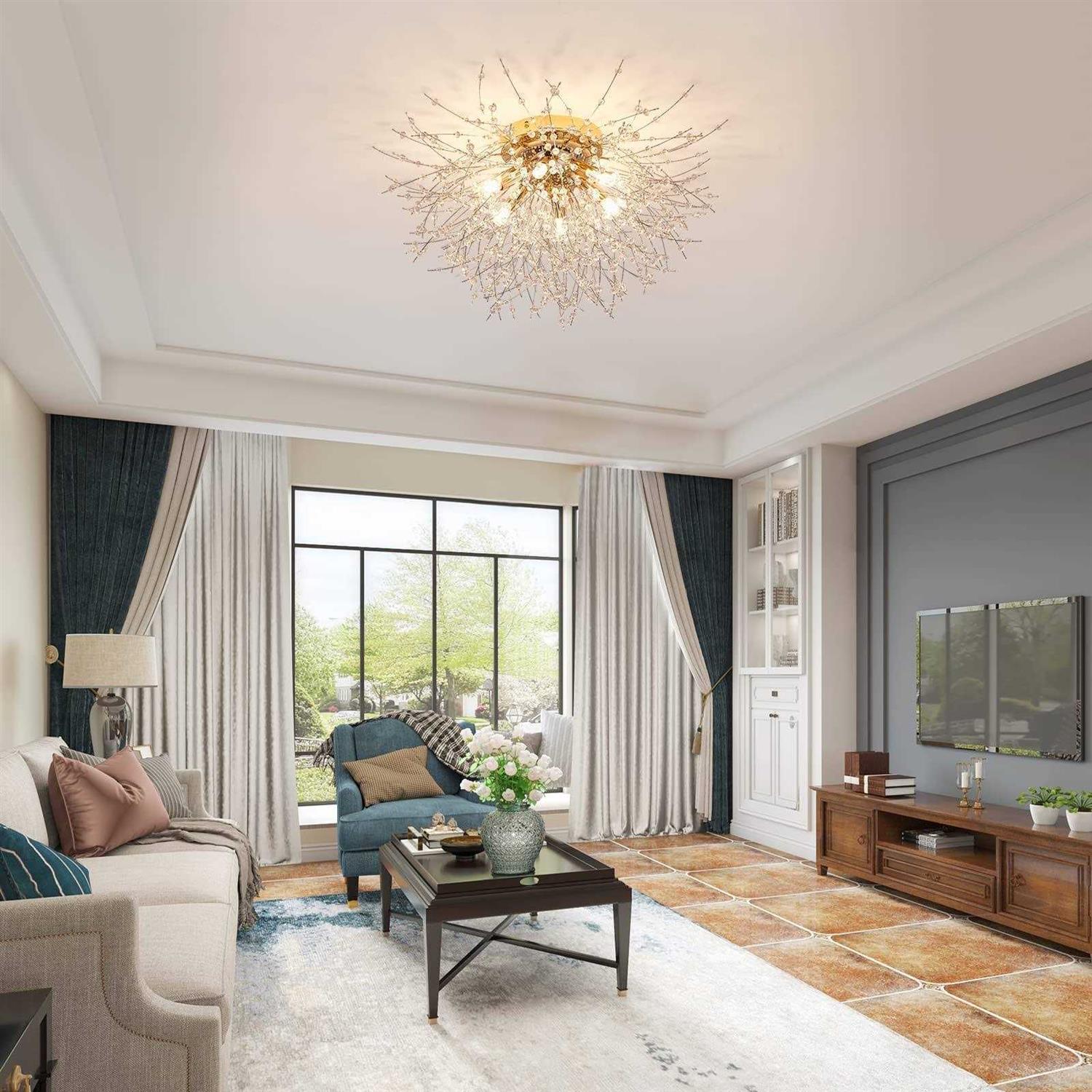 6-Light Sputnik Flush Mount Ceiling Light Fixture Modern Gold Crystal Firework Ceiling Lights - Image 2