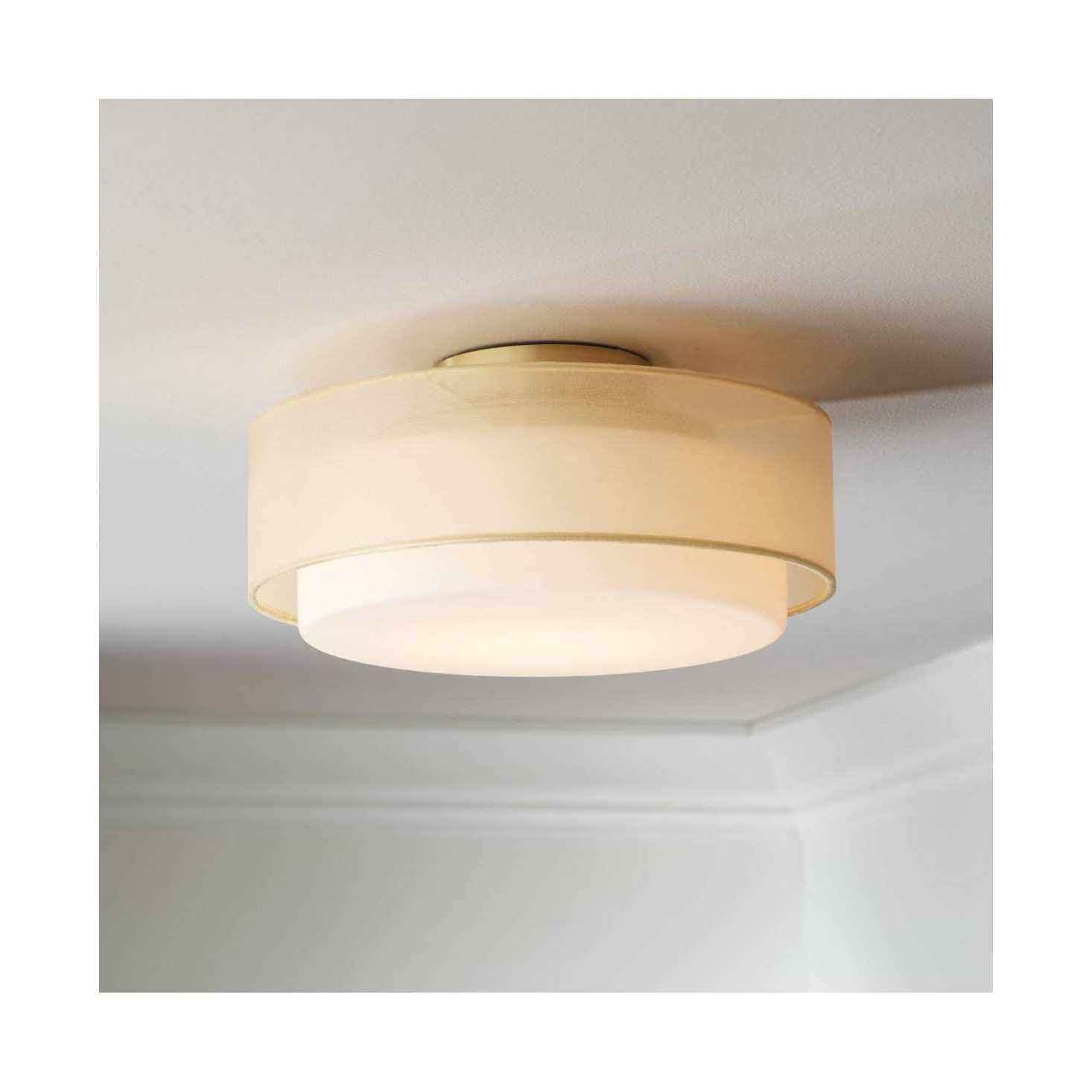 Possini Euro Design Ceiling Light Semi Flush Mount Fixture 12 1/2 Wide Plated Gold 2-Light Sheer Fabric Outer Opal White Glass Drum Shade for Bedroom