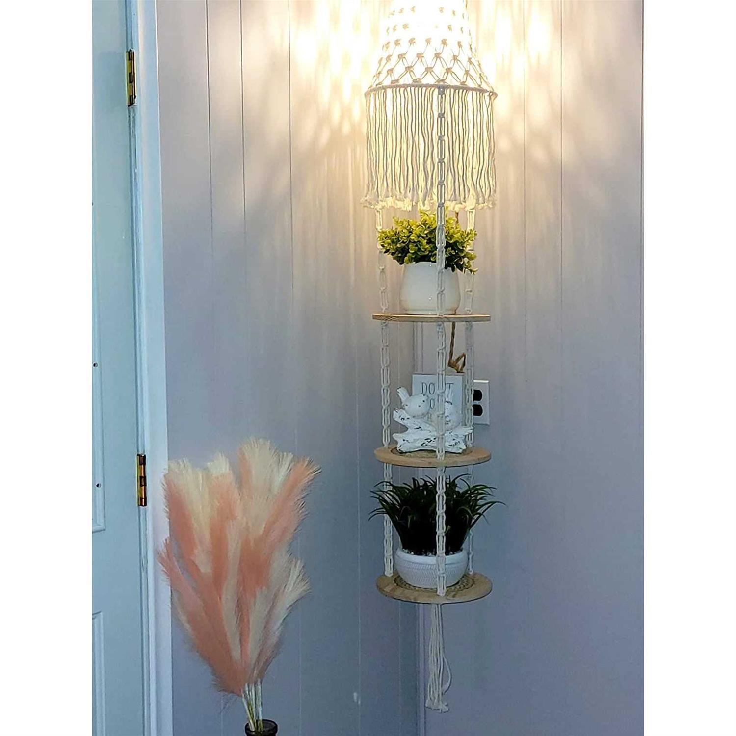 QIYIZM Boho Plug in Pendant Light,Hanging Light with Plug in Cord,Hanging Lamp Macrame Lamp Shade,Dimmable Switch,3 Tier Hanging Plant Shelf Shelves - Image 3