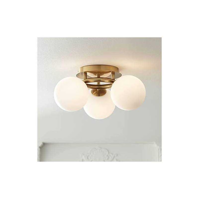 Possini Euro Design Jevan Mid Century Modern Close To Ceiling Light Flush Mount Fixture 18 Wide 3-Light Led Brass White Glass Globe Shade Bedroom