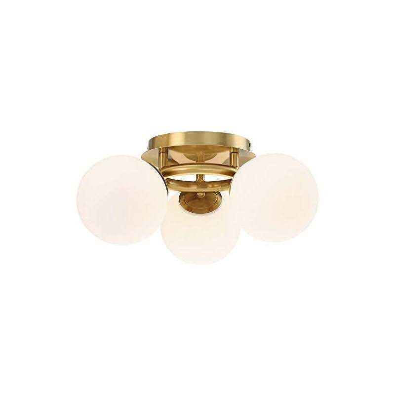 Possini Euro Design Jevan Mid Century Modern Close To Ceiling Light Flush Mount Fixture 18 Wide 3-Light Led Brass White Glass Globe Shade Bedroom - Image 4