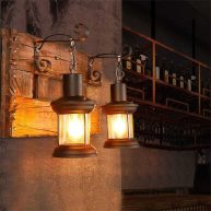 2-Lights Vintage Metal Lantern Wall Lamp With Wood Backplate And Glass Lampshade FRONG