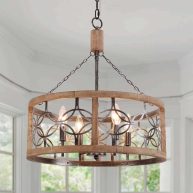 Oaks Aura Rustic Farmhouse 4-Light Wood Ceiling Light Drum Shabby Chic Wood Chandelier FC4058-4H