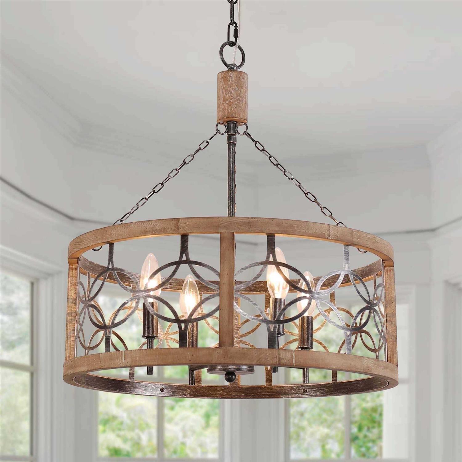 Oaks Aura Rustic Farmhouse 4-Light Wood Ceiling Light Drum Shabby Chic Wood Chandelier FC4058-4H