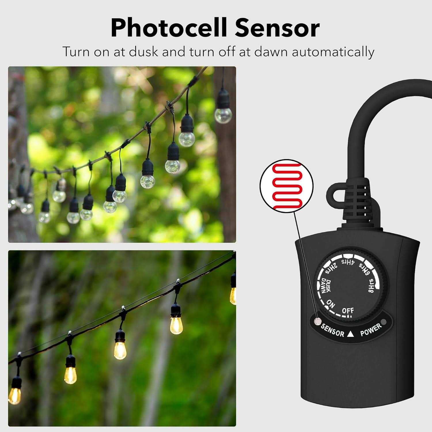 Outdoor Photocell Light Timer Waterproof Dusk to Dawn Sensor Timer Outlet 2/4/6/8 Countdown HBN - Image 4