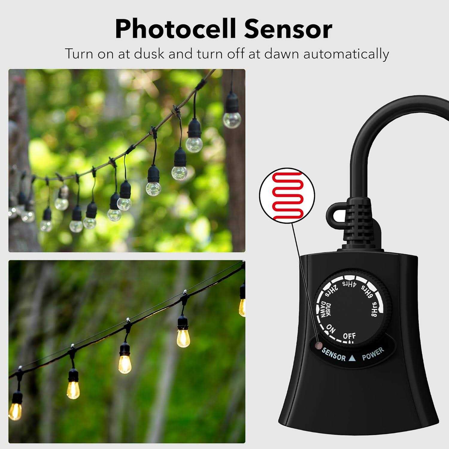 Outdoor Photocell Light Timer Waterproof Dusk to Dawn Sensor Timer Outlet 2/4/6/8 Countdown HBN - Image 4