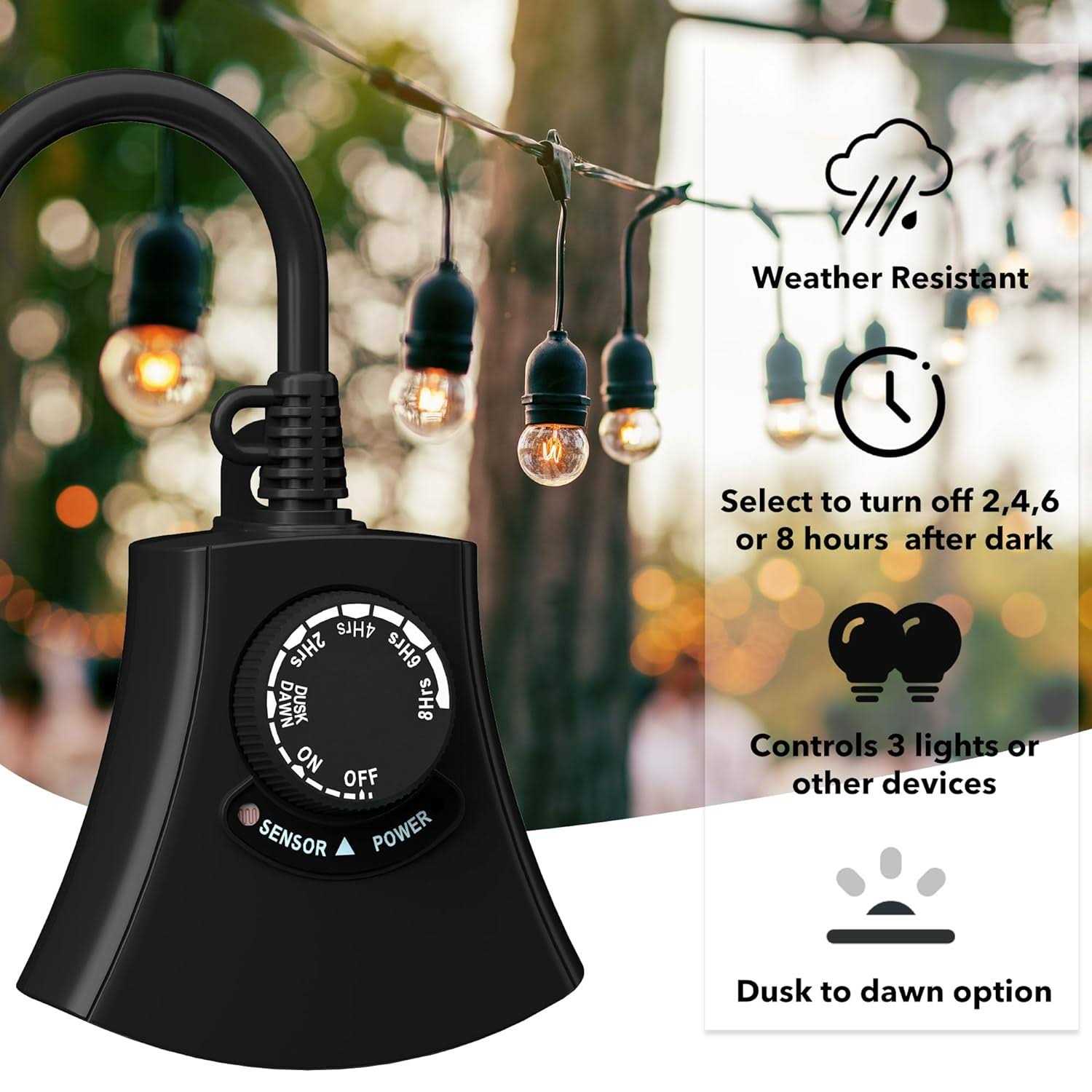 Outdoor Photocell Light Timer Waterproof Dusk to Dawn Sensor Timer Outlet 2/4/6/8 Countdown HBN - Image 5