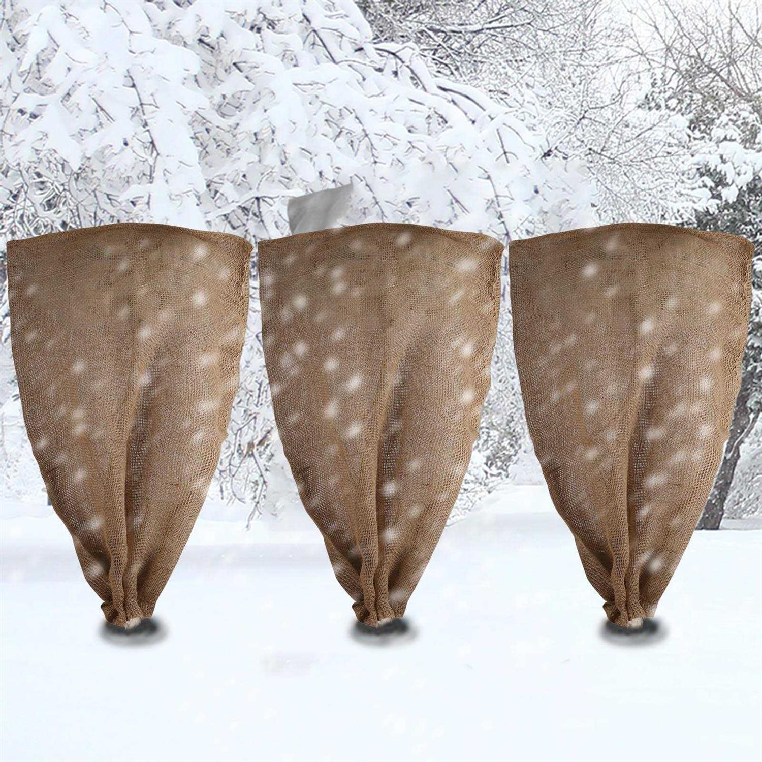 3 Pack 24′′ × 40′′ Reusable Warm Burlap Winter Plant Cover Bags with Drawstring Burlap Plant Covers Freeze Protection Large Plant Frost Cloth Cold