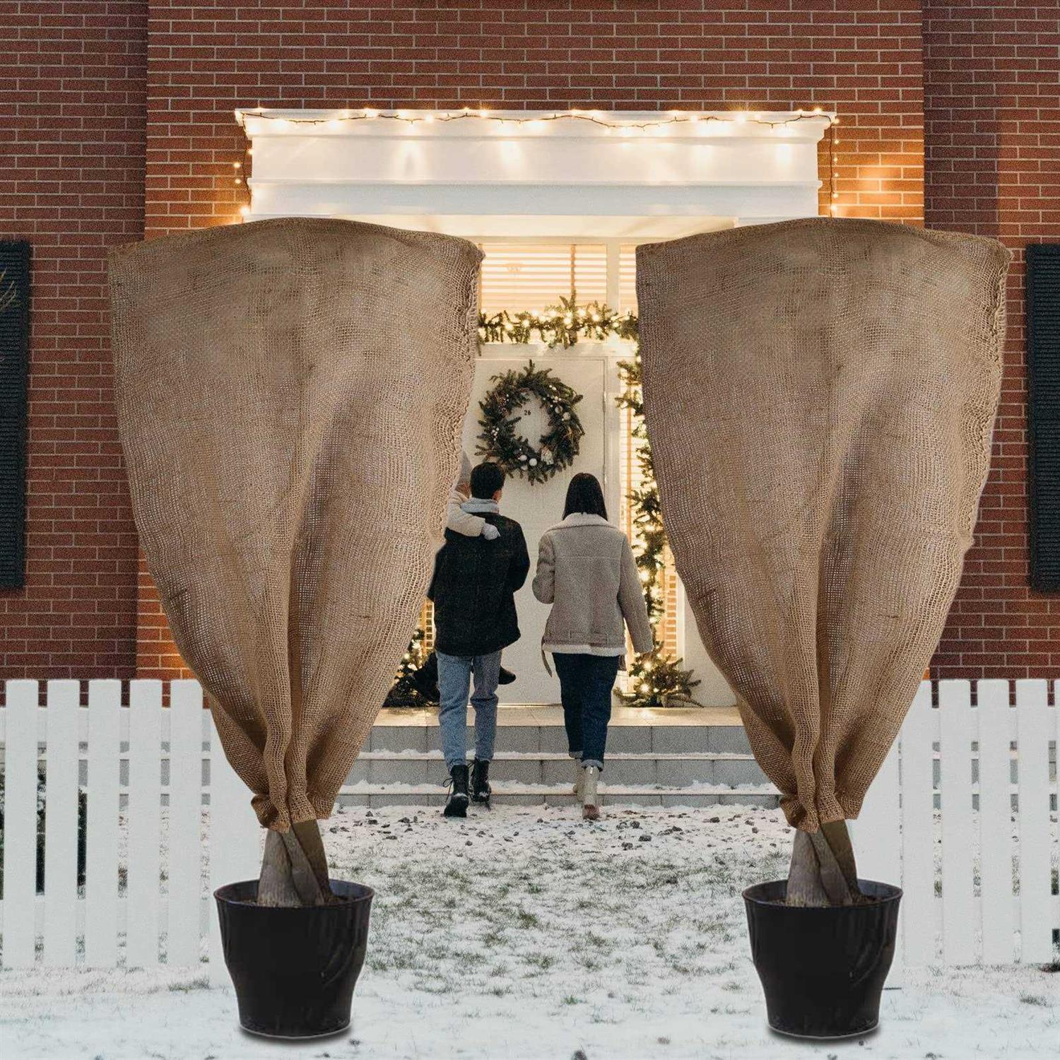 3 Pack 24′′ × 40′′ Reusable Warm Burlap Winter Plant Cover Bags with Drawstring Burlap Plant Covers Freeze Protection Large Plant Frost Cloth Cold - Image 2