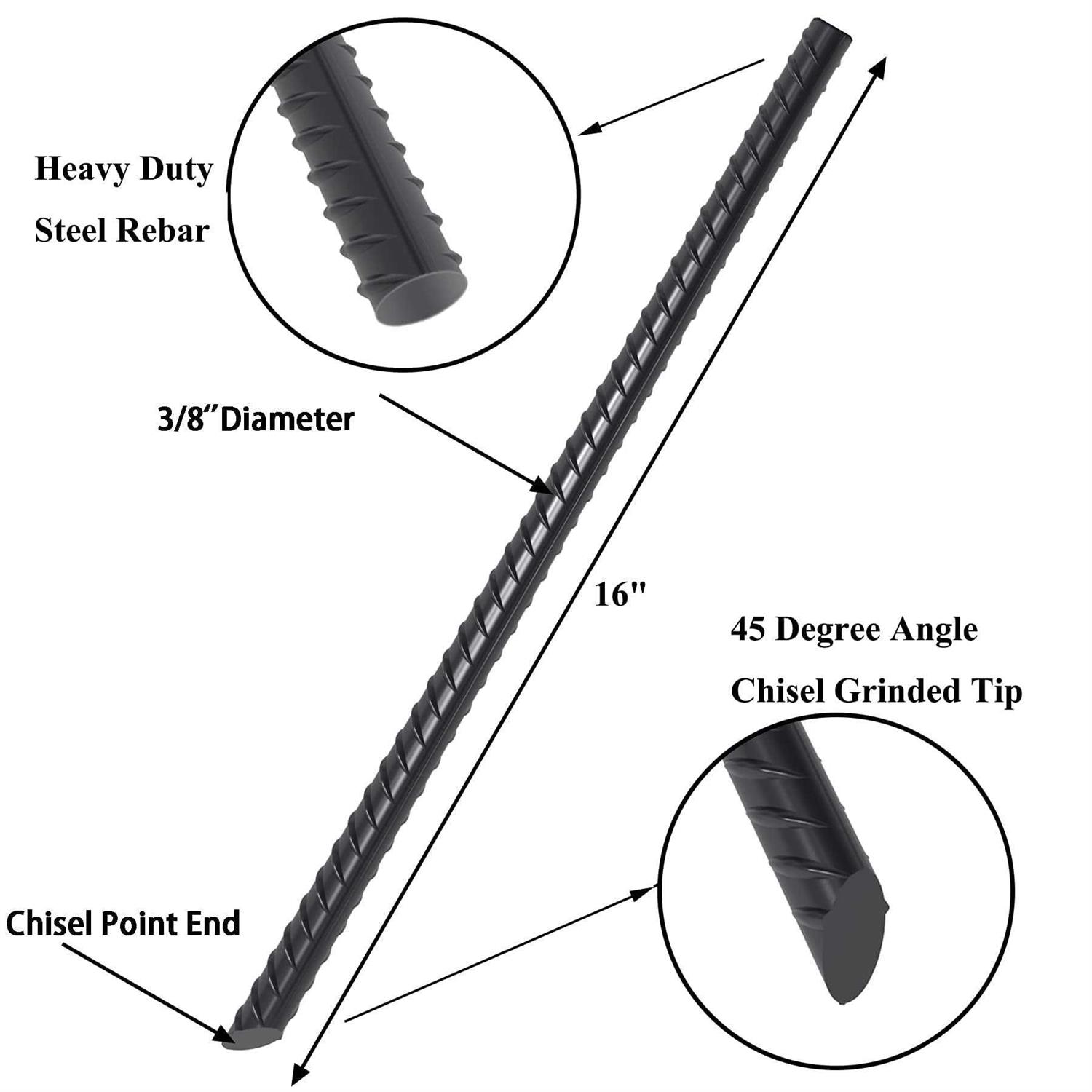 Aagut 16” Rebar Stakes Heavy Duty Ground Anchors Steel Plant Support Garden Stake Metal Straight Camping Tent Spikes with Chisel Point End - Image 5