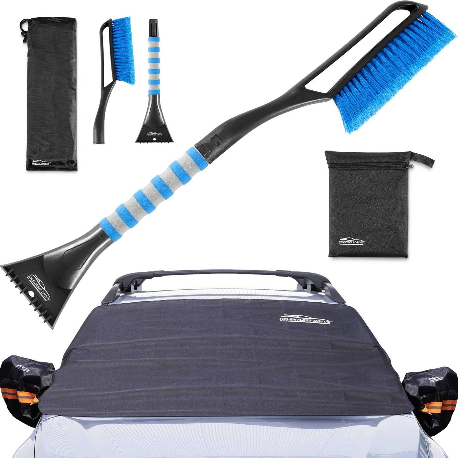 Relentless Drive Windshield Cover for Ice and Snow Kit Windshield Car Snow Cover & Snow Brush Bundle