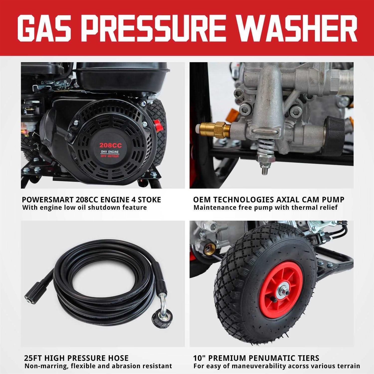 Powersmart 3200psi Gas Pressure Washer with 5 Nozzles & Soap Tank High Pressure Washer,70lb - Image 3
