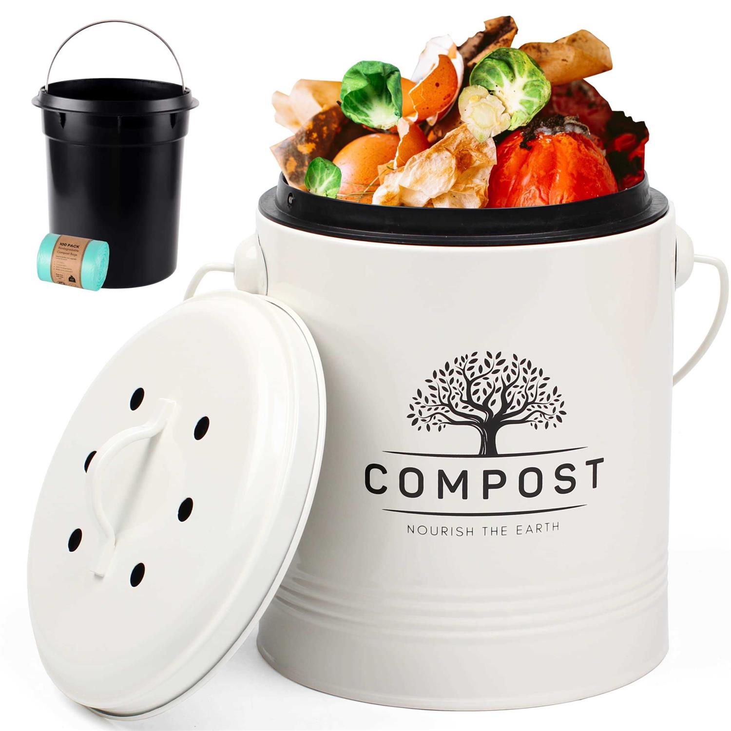 PERFNIQUE Kitchen Compost Bin, 1.3 Gallon Countertop Compost Bin with Lid, Indoor Compost Bucket includes Inner Bucket Liner and Carbon Filter