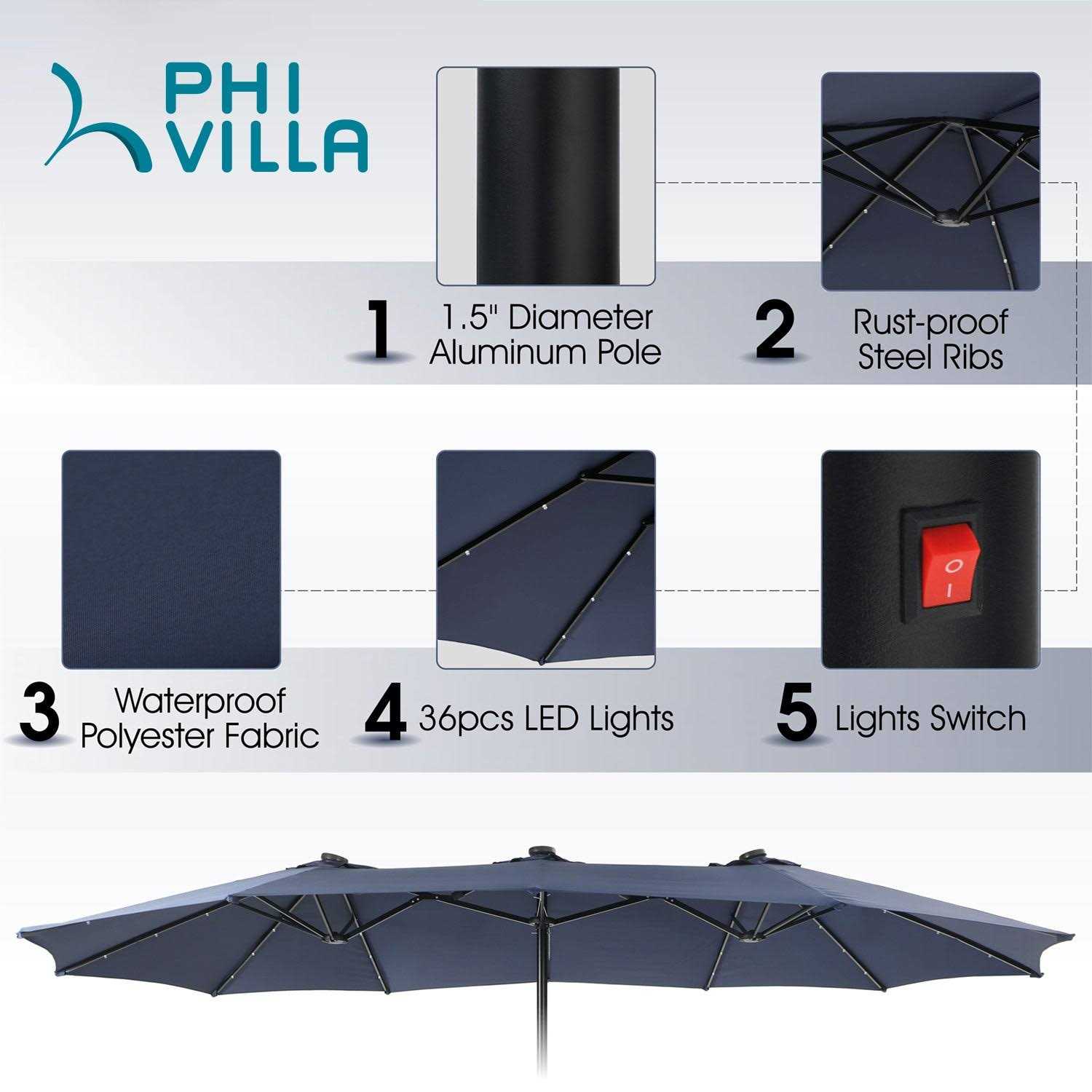 PHI VILLA 15ft Double-sided Patio Umbrella with Lights - Image 5