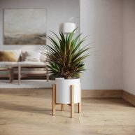 Raya White Mid-Century Modern Planter with 4-Leg Wood Base