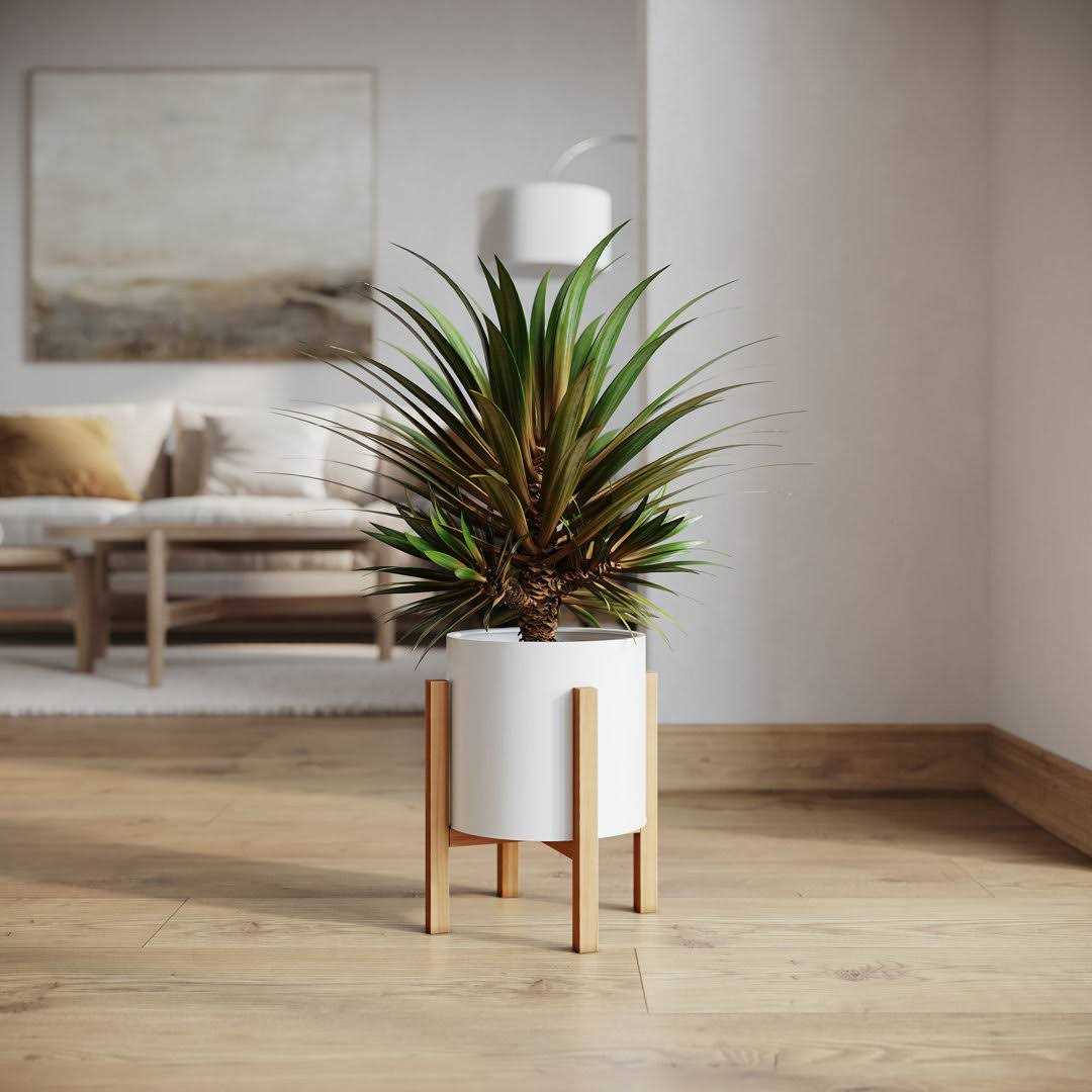 Raya White Mid-Century Modern Planter with 4-Leg Wood Base