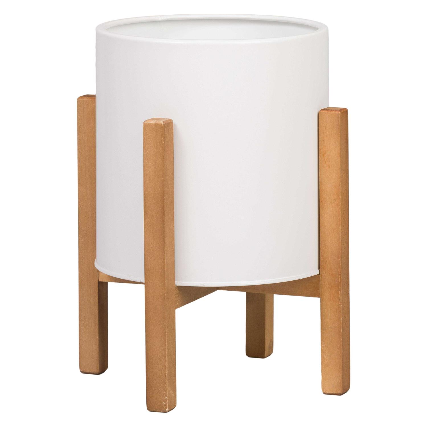 Raya White Mid-Century Modern Planter with 4-Leg Wood Base - Image 3