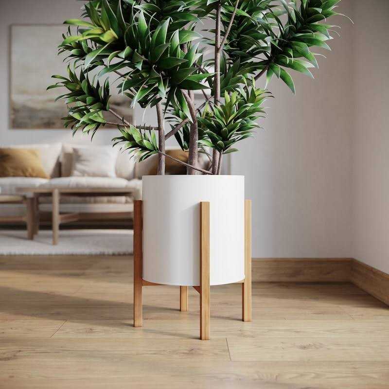 Raya White Mid-Century Modern Planter with 4-Leg Wood Base - Image 4